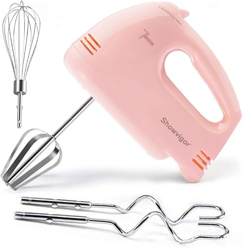 Handmixer Electric Handheld - 7 Speed Portable Kitchen Mixer Electric with 5 Stainless Steel Accessories Whisk, Food Beater for Whipping Mixing Cookies Cakes,Cooking,Baking(Pink)
