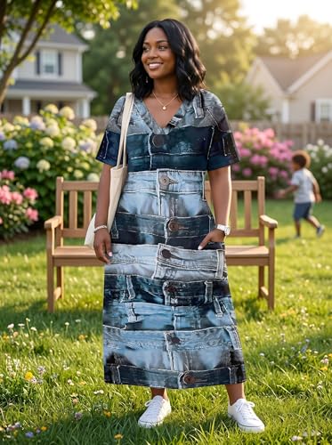 Image of SUZONANA Plus Size Denim Print Maxi Dresses for Women Casual V Neck Short Sleeve with Pockets Soft Jean Look Dress XL-6XL