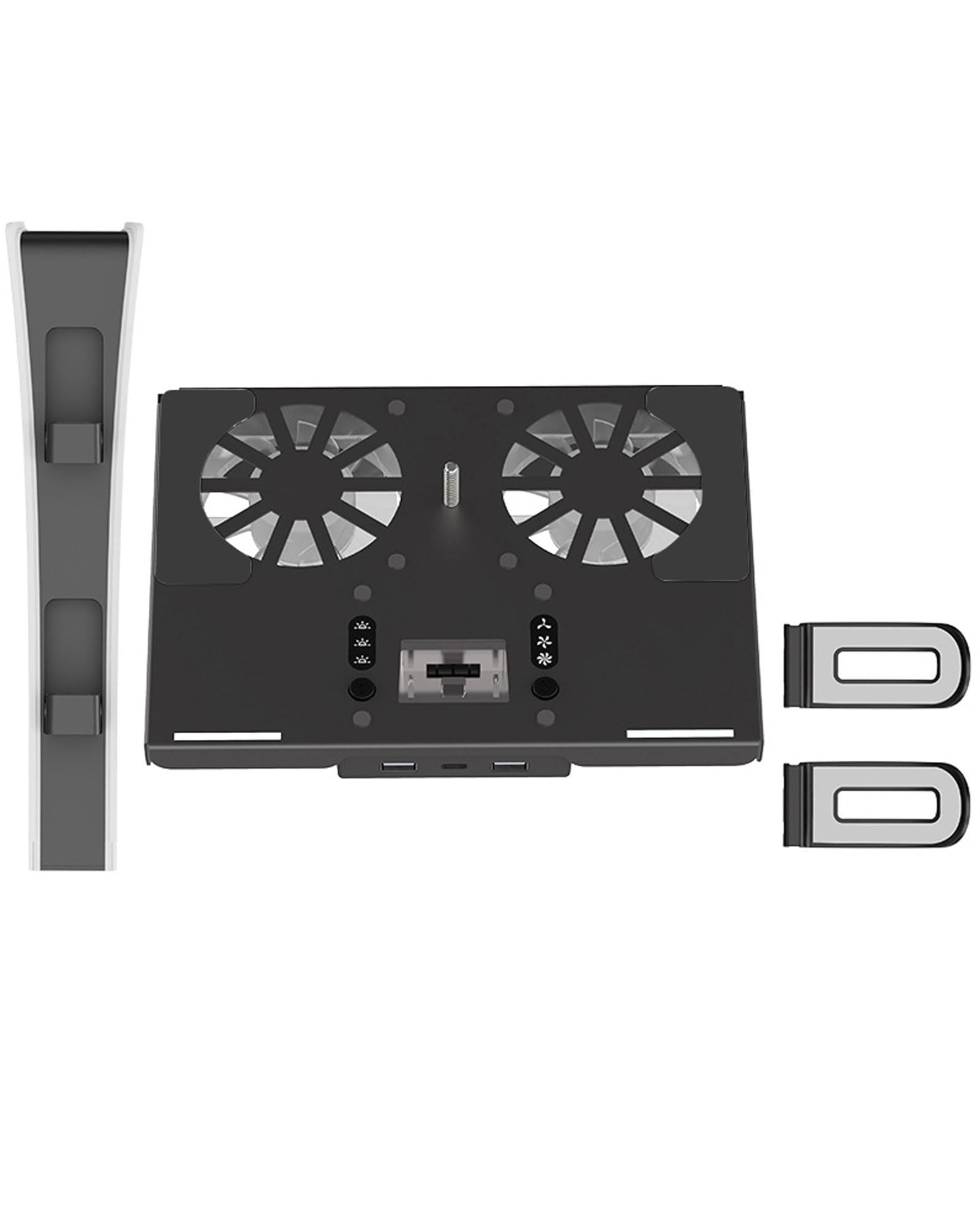 Soporte de pared para PS5/PS5 Slim/PS5 Pro, kit con ventilador de refrigeración y estación de carga, soporte flotante para PS5/PS5 Slim/Disc y consola digital/PS5 Pro, con soporte de pared