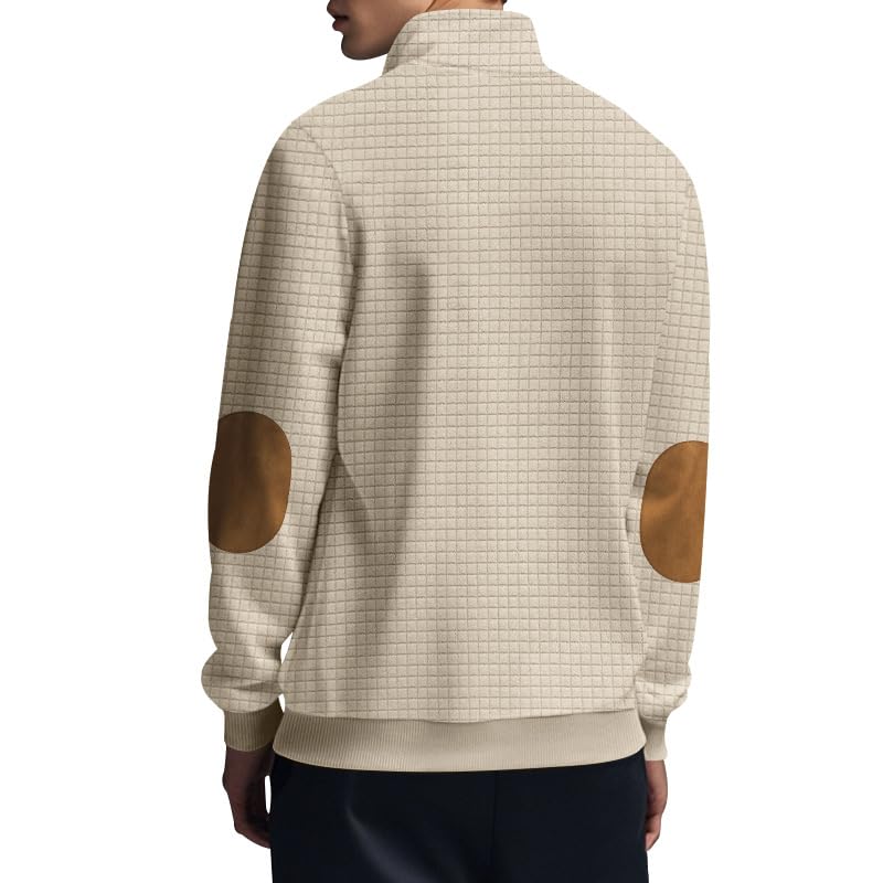 Men's Stand Collar Quarter Zip Sweater-Vintage Waffle Knit Pullover Featuring Elbow Patches & Pockets​​2