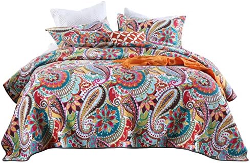 Qucover Quilt Sets Queen, 3-Piece Multicolor Paisley Cotton Queen Bedspread Quilt with 2 Pillow Shams, Patchwork Coverlet Set (Queen 90x98)