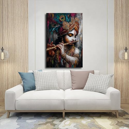Flûte de Krishna portrait sacré tableau coloré salon et chambre - 5