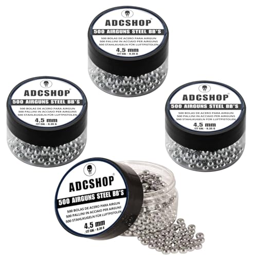 Pack 4 Tarros de 500 Bolas de Acero 4.5 mm (.177 Cal) – 2000 BBS Alta Densidad 0,35 g – para Pistolas CO2 y Aire Comprimido – Solo Armas Aptas para Bolas de Acero – Transporte Seguro