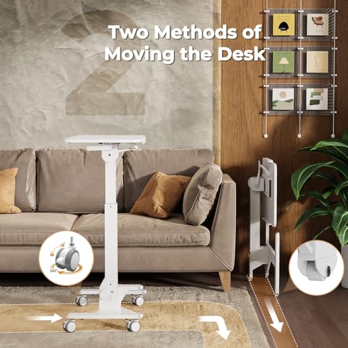 Image of JOY worker Foldable Mobile Standing Desk, 180 Tiltable Overbed Bedside Table with 4 Lockable Wheels, 31.5 inch Height Adjustable Rolling Laptop Desk for Home & Hospital Use, Easy Storage, White