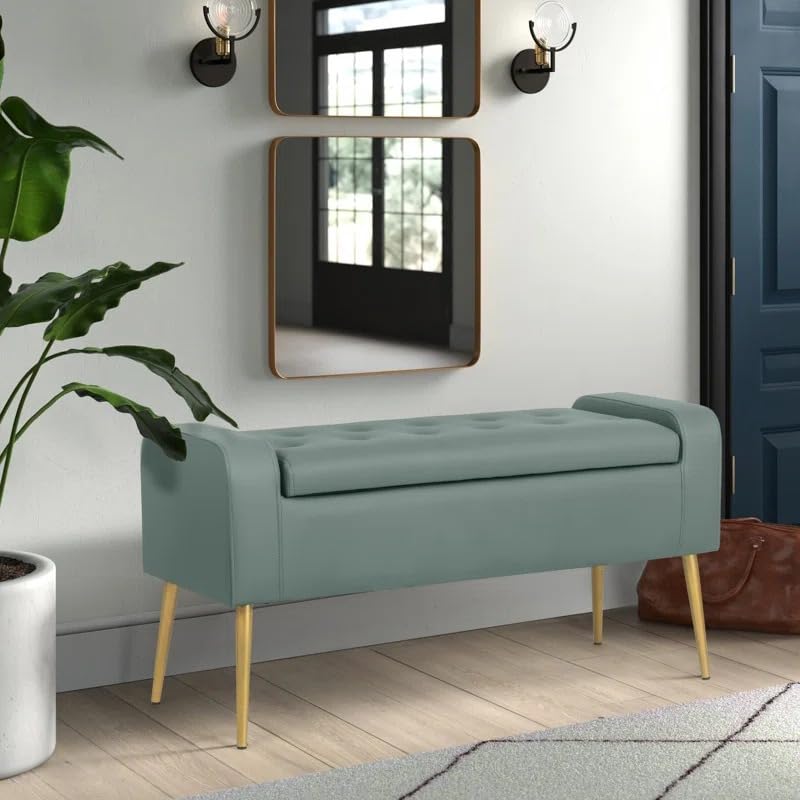 Image of Upholstered Ottoman Bench with Gold Metal Legs for Bedroom & Living Room | 2 Seater Tufted Entryway Bench Sofa with Storage Look | Modern End of Bed Seating Bench, Compact Footrest Stool, Sage Green