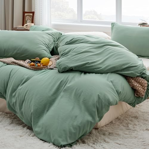Image of Bedsure Sage Green Duvet Cover Queen Size Only - Prewashed Cotton-Like Polyester Extra Soft All Season Bedding, Includes 1 Duvet Cover 90x90 Inches with Zipper Closure, Comforter Not Included
