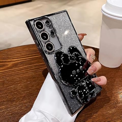 Roemary Mirror Case for Galaxy S24 Plus Case, for Samsung Galaxy S24 Plus with Mirror Stand,Bunny Folding Bracket Kickstand Phone Case with Camera Protector-Black Bunny Cover