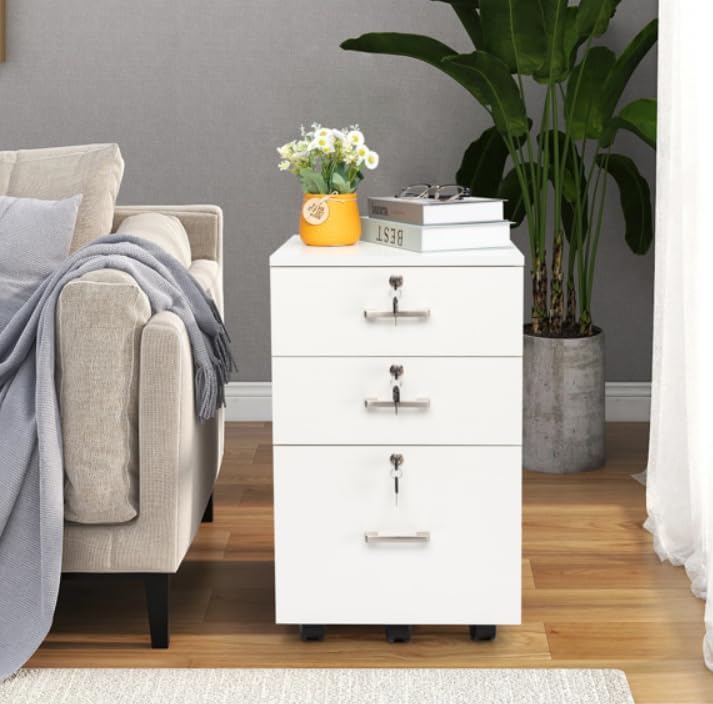 FCH White Wood Grain Density Board Three Drawers Wooden Filing Cabinet