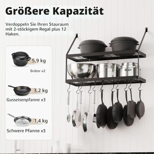 Foto von KES Küchenregal Doppel Pfannenhalter Küchenutensilienhalter Küche Pfannenhalter Hängeregal Pfanne Wandregal Pfannenhänger 75cm Wandmontage Matt Schwarz, KUR218S75B-BK