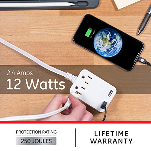 Ge Pro Surge Protector Power Strip With Usb Fast Charging, Extra Long 8Ft Extension Cord, Flat Plug, 2 Outlet, 2 Usb Ports, 2.4A, Wall Mount, Desktop Charging Station, 250J, Ul Listed, White, 32177 #TOP3