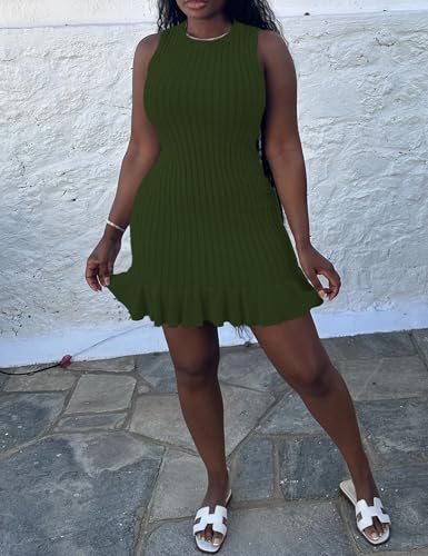 Image of Nimsruc Women Summer Tank Dresses Sleeveless Crew Neck Casual Bodycon Mini Dress with Ruffle Hem