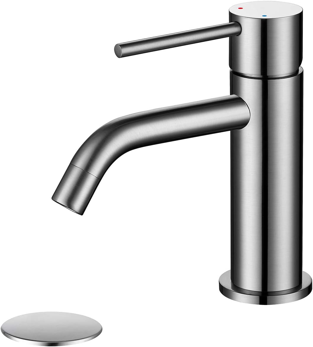 Single Hole Brass Bathroom Sink Faucet with Pop-up Drain Assembly & Faucet Supply Lines, Brushed Nickel Copper Single Handle Lavatory Basin Faucets Taps