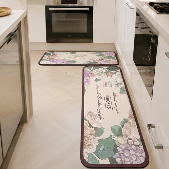 Image of HomeCloud Rubber Kitchen Mats for Floor Set of 2 Pcs|Non-Skid, Soft Absorbent Rugs for Kitchen, Laundry, and Hallway|120x40cm, 40x60cm| 4mm Thickness (Rose Beige Flower)