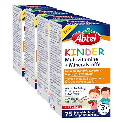 Abtei Kinder Multivitamine + Mineralstoffe - Für ein gesundes Aufwachsen* von Kindern - Ab 3 Jahren - Mit 21 wichtigen Nährstoffen - Glutenfrei, Laktosefrei, Gelatinefrei - 75 Schmelztabletten