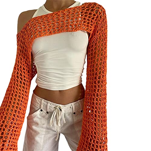 KEOMUD Blusa feminina de malha de crochê manga longa vazada suéte...
