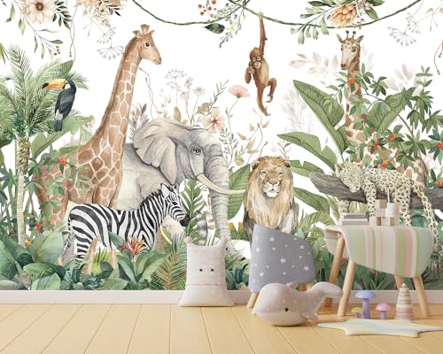 HLNIUC Kids Room Jungle Wall Mural, Safari Animals Rainforest Wallpaper Mural for Bedroom, Kindergarten, Living Room, Nursery Room, Large Background Decor - 141' W x 96' H (Not Peel and Stick)