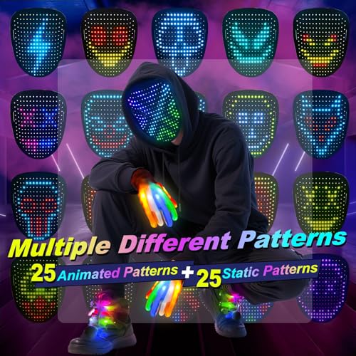 LED Mask & Glow Set with Gesture Sensing, Halloween Rechargeable Mask Light Up Gloves and Shoelaces for Adults, 59 Lighting Effects for Halloween Cosplay Parties2