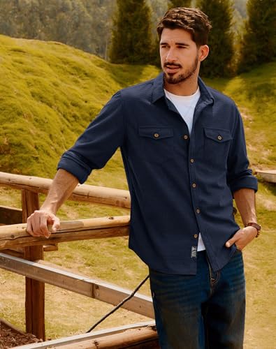 PJ PAUL JONES Men's Button Down Waffle Textured Shirt Casual Long Sleeve Wrinkle Free Untucked Shirts with Flap Pockets4