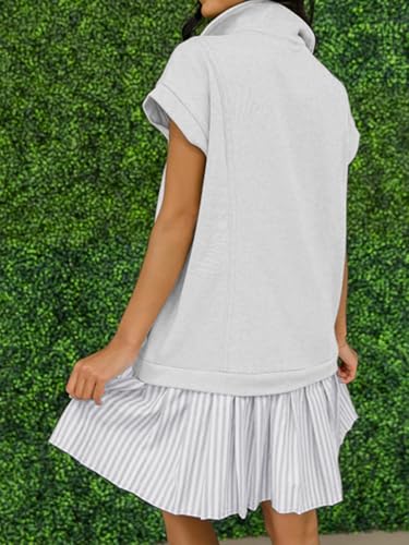 Image of Women's V Neck Short Sleeve Summer Dress Cap Sleeve Casual Loose Fit Pleated Striped Shirt Dress