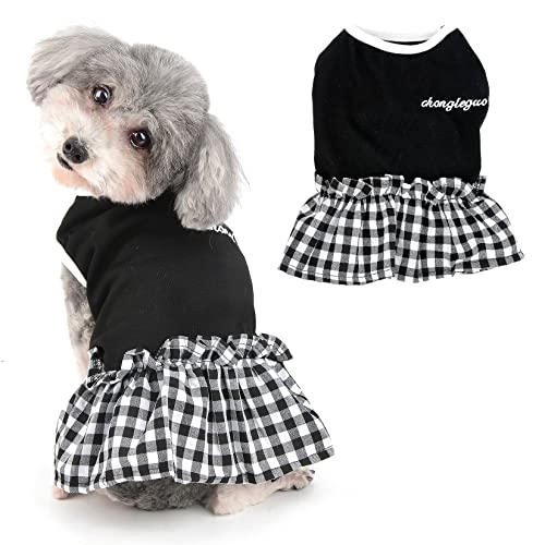 Ranphy Girl Pet Clothes Embroidered Letter Small Dog Dress Spring Summer Sleeveless Shirt Puppy Sundress Plaid Pet Skirt Cat Apparel, Black, L