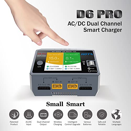Hota D6 Pro Balance Charger: Dual Ports Smart Charger With Phone Wireless Charging For Lipo Battery Li-Ion Lihv Nicd Nimh Batttery Rc Car Drone Support Ac/Dc Input （Gray） #TOP2