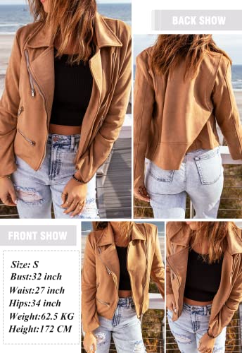 Gosopin Women Leather Faux Suede Zipped Motorcycle Jacket Notch Collar Pu Moto Biker Short Coat Casual Fashion Zip Party Fitted Slim Outwear With Pockets Medium Brown #TOP2