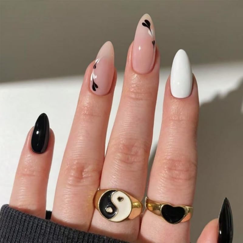 Black Heart Skin Tone Drop Almond INS Popular Press On Nail Tips 19