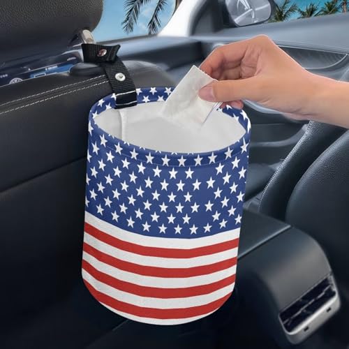 Image of America Flag Star Stripes Multifunctional Console Basket Rubbish Bin Portable Car Waste Basket Container Waterproof Auto Storage Box Travel Accessories