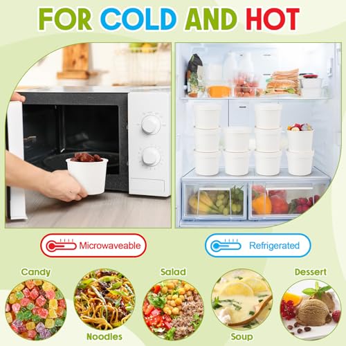 Image of Fulmoon 20 oz 100 Pack Paper Containers with Lids Soup Bowl Cup, White | Disposable Ice Cream Cup, Kraft Food Containers with Vented Lid Stackable for Hot Soup Dessert Cake Fruit Microwave Takeout