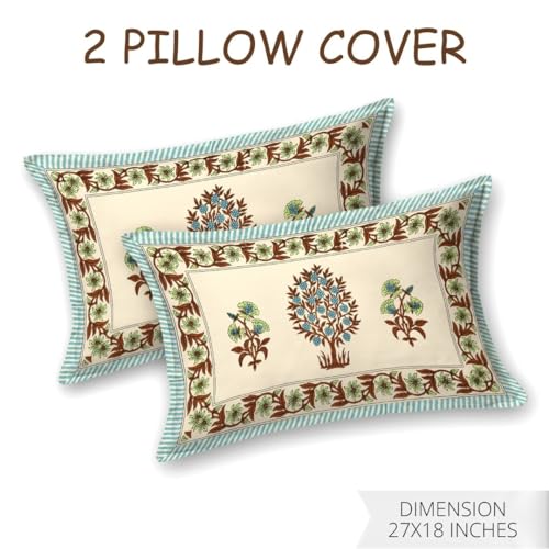 Image of Living Roots Ethnic Jaipur Block Print Double Cotton Bedsheet & 2 Pillow Covers, for Mattress Upto 6 inches Thick, No Colour Bleeding, Green Colour, King Size 90 * 108 inches, 120TC (614-C)