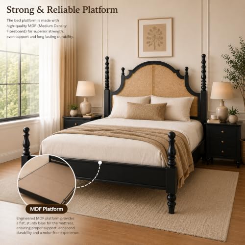 Image of Solid Sheesham Wood Poster King Size Poster Honeymoon Bed Without Storage with Designer Piller and Cane Crafting