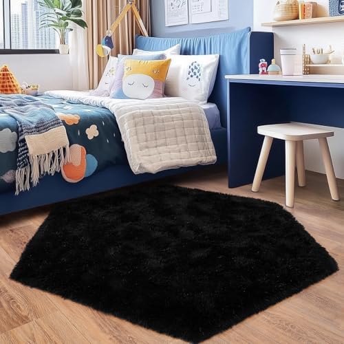 4x4.6 Feet Black Hexagon Rugs for Bedroom, Ultra Soft Fluffy Hexagon Area Rug for Kids Room, Cute Shag Rugs for Boys Girls Room, Fuzzy Plush Carpet for Tent Castle Home Decor
