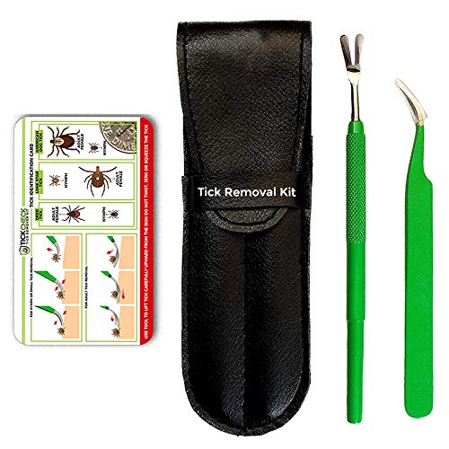 Premium Tick Remover Kit - Stainless Steel Remover, Tweezers, Leather Case & Pocket ID Card (1 Set)