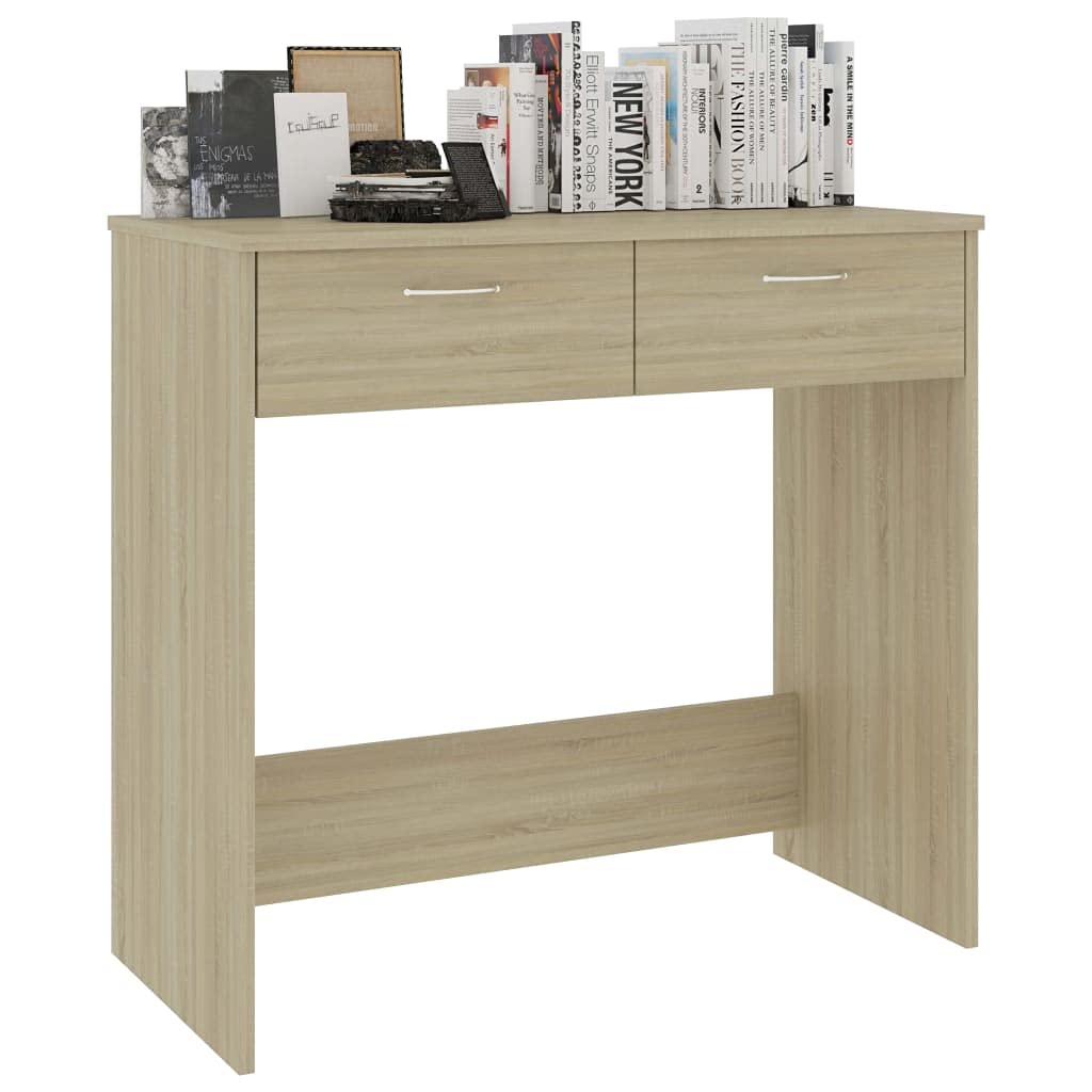 Escritorio de 80 x 40 x 75 cm, roble Sonoma, material de madera, diseño moderno con 2 cajones, resistente y duradero, adecuado para el hogar, oficina, habitación juvenil y espacios pequeños
