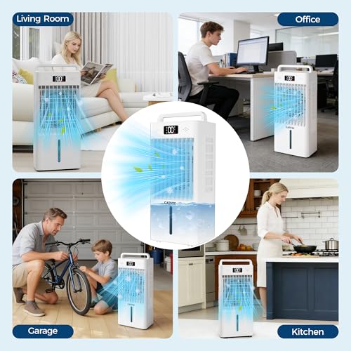 Image of Garvee Evaporative Air Cooler, 10L (2.6Gal) Portable Cooler Fan with TOUCH SCREEN & Remote Control, 3 Speeds & 3 Modes, LED Display, Ice Packs & Casters Included, for Bedroom, Office, Home