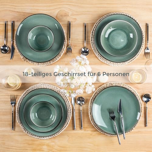 GBhome Steingut Geschirrset 6 Personen, 18-tlg Reaktive Glasur Handarbeit Steingut Geschirr Set, Mikrowellen- & Spülmaschinenfest Schüssel- und Teller Set,Petrol