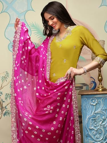 Image of ishin Yellow Floral Embroidered Thread Work Straight Kurta With Trousers & With Dupatta | Kurta set for women | Kurta with trousers and dupatta