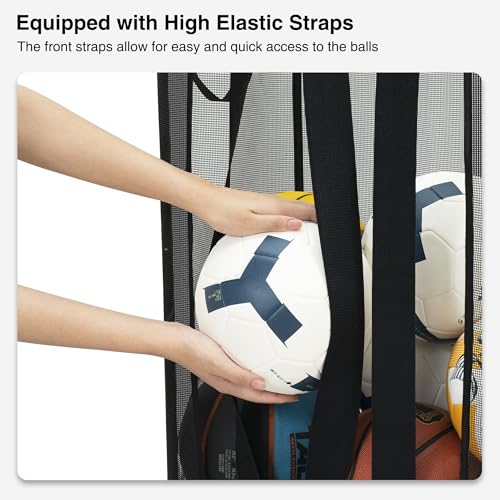 Image of STO STO Ball Storage Basket, Wall-Mounted or Freestanding Garage Ball Organizer Holder, Holds up to 15 Balls, Sports Equipment Organizer with Elastic Front Access for Garage, Gym, Playroom, Black