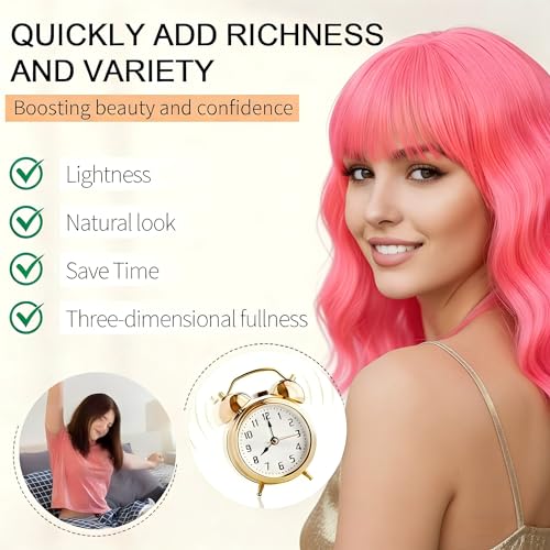Image of AGO Pink Wigs with Bangs Pastel Bob Wig Shoulder Length 14Inch Synthetic Hair for Women Girl Heat Resistant Fiber Wig for Daily Party Halloween Cosplay Use(XT2124#HotPink)