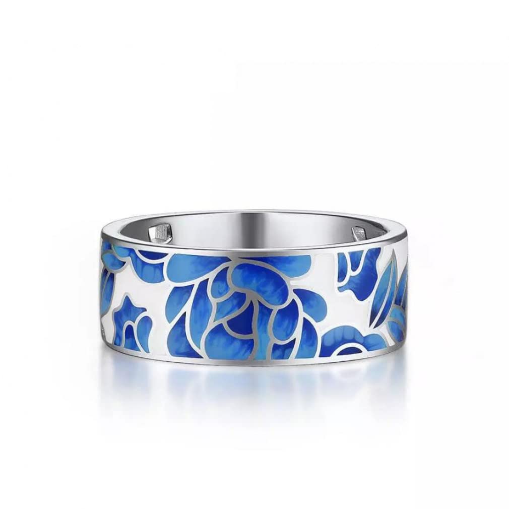 Silber Schmuck Set für Damen Reines 925 Sterling Silber Blaue Blume Emaille Ohrringe Ring Set Edlen Schmuck Handgefertigt