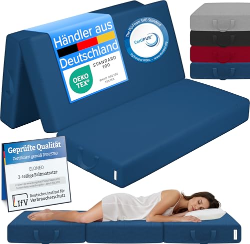 ELONEO Klappmatratze Gästematratze 3-teilige Faltmatratze Schaumstoff extra dick (15cm) waschbar Bandscheibenwürfel klappbar Faltbare Matratze Erwachsene (Blau 140 x 195 x 15 cm)