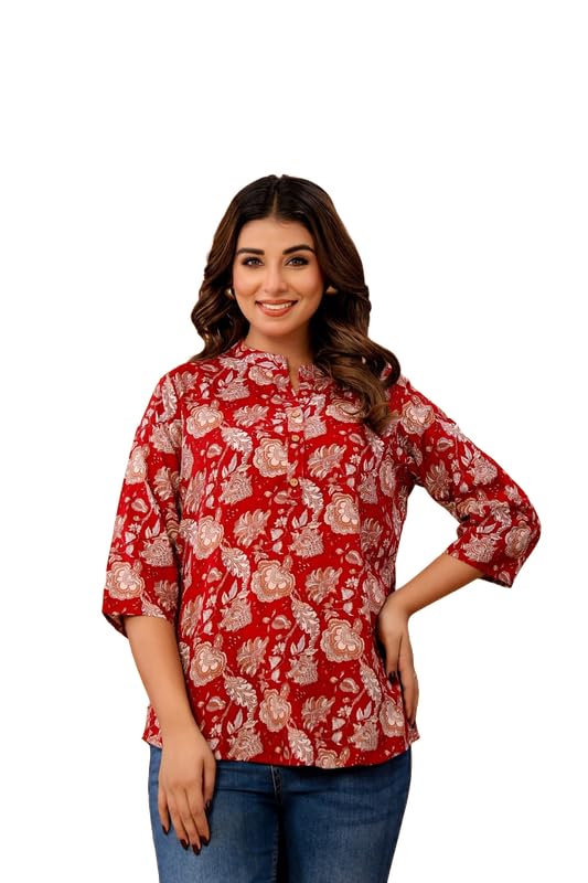 Image of Women's Cotton Printed Kurta Top | 3 /4 Sleeve Straight Kurti Casual Outings