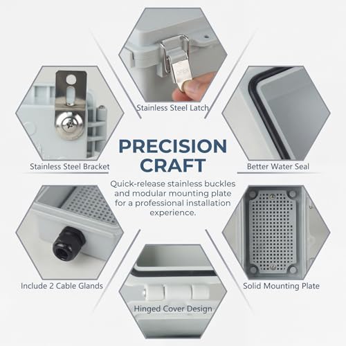 Qukipet Electrical Junction Box, IP67 Waterproof Outdoor Box ABS Plastic Enclosure with Stainless Steel Latches & Brackets, Hinge Grey Cover Project Box with Mounting Plate 10.2"x6.3"x4.3" by Qukipet - Used condition - Image 3