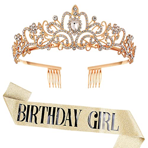 HENGBIRD Geburtstag Krone Schärpe, Kronenkristall Tiara, Geburtstagskrone Schärpe Geburtstagskrone Geburtstag Tiara Krone 13.-70.Frauen Mädchen Geburtstag Tiara für Dekorationen (Gold)