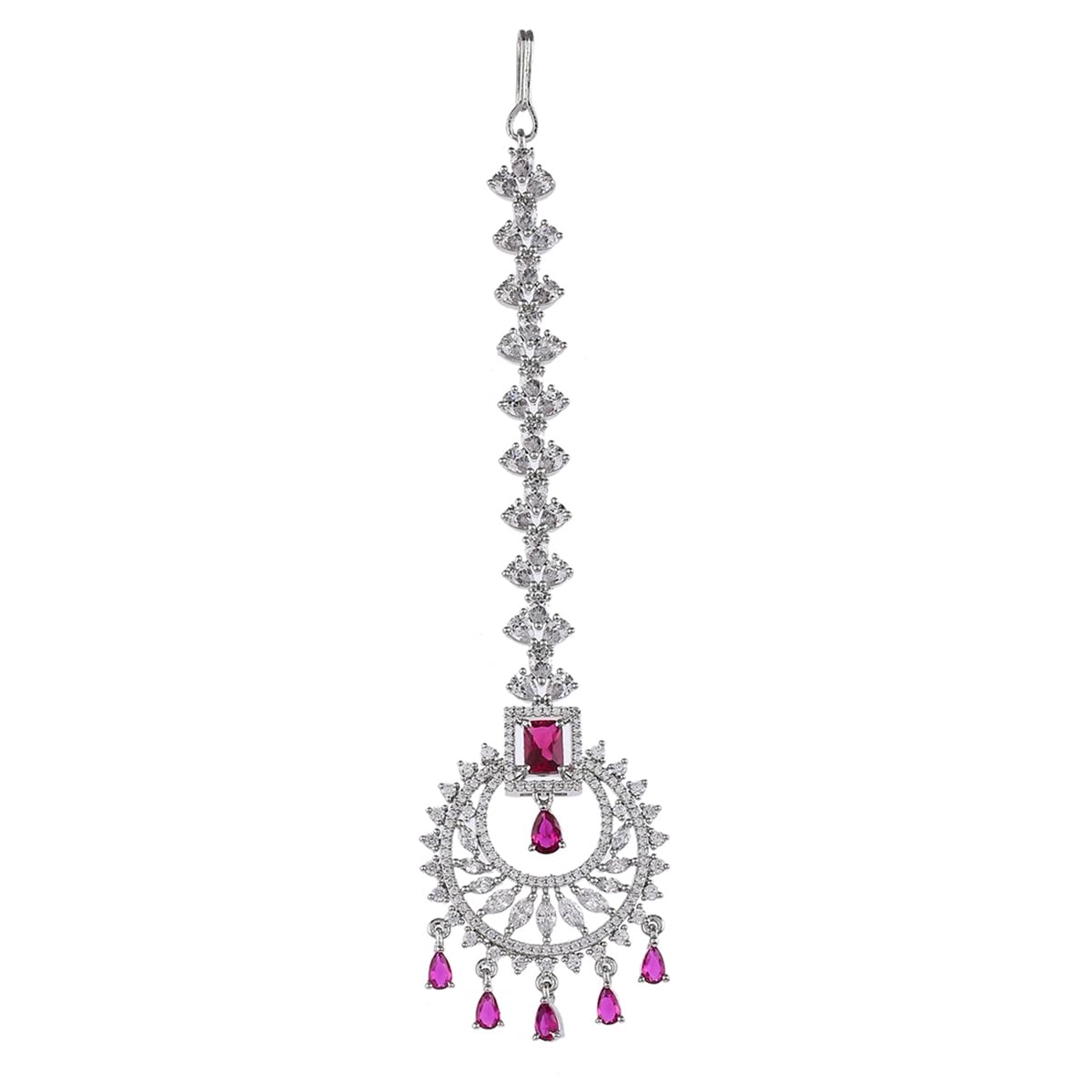 CZ Elegance Pink Teardrop and Emerald Cut Gems Maang Tika-image-8