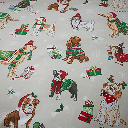 Happy Linen Company Bettwäsche mit weihnachtlichen Hunde-Motiven - wendbar - Taupe/Naturfarben - Bettwäsche-Set für EIN Einzelbett