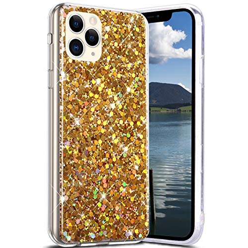 Robinsoni Case Compatible with iPhone 11 Pro Phone Cover Flexible iPhone 11 Pro Case Silicone Sparkle Bling Case Ultra Soft Glossy Silicone Case Gel Rubber Phone Cover Glitter Ultra Thin Cover Gold