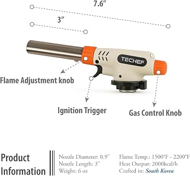 TECHEF Butane Torch - Culinary Professional Kitchen Butane Torch | Adjustable Flame Shape Strength 2,200F | Searing Steaks, Creme Brulee | Anti-flare | Made in Korea | Butane Fuel Not Included
