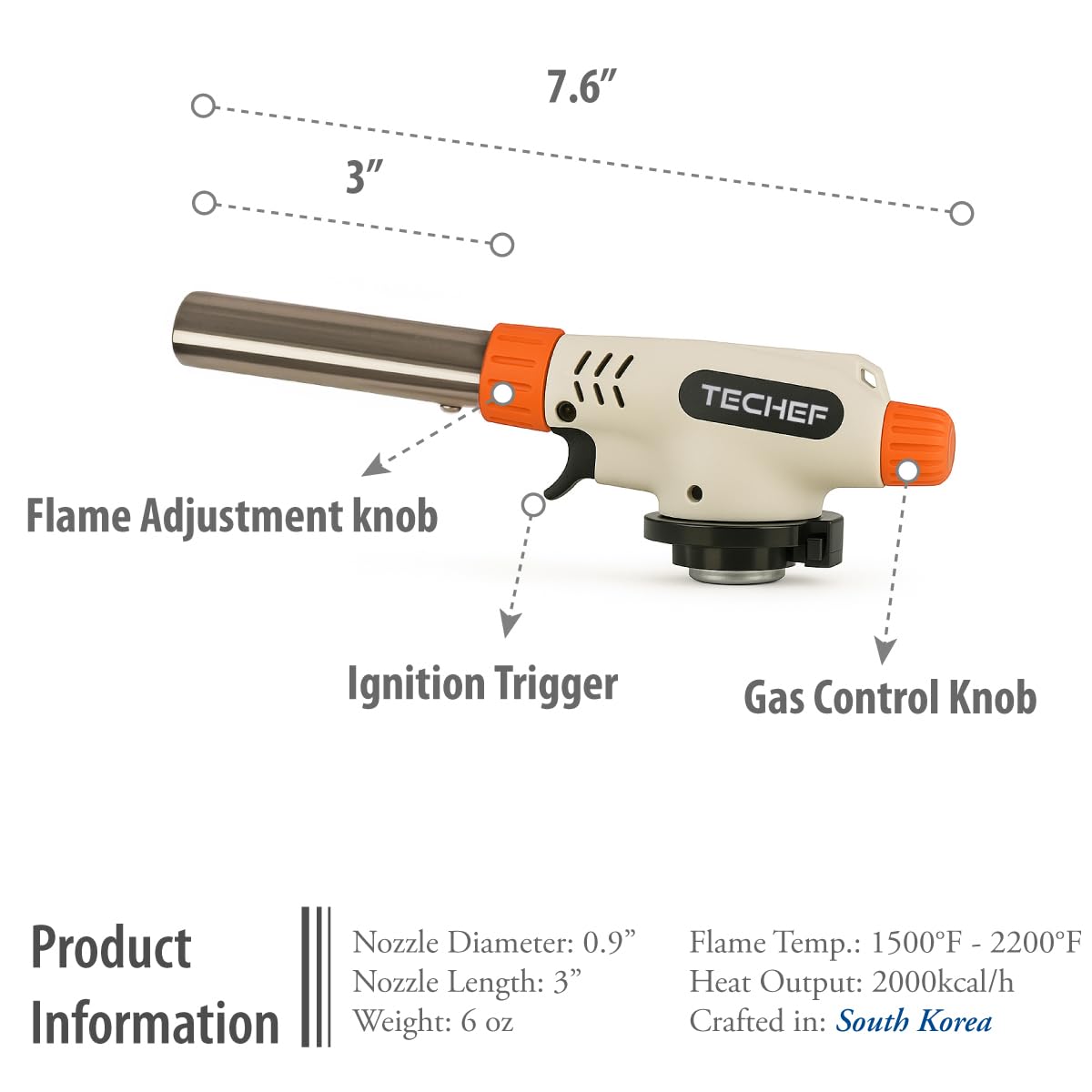 TECHEF Antorcha de butano – Antorcha de butano de cocina profesional culinaria | Fuerza ajustable en forma de llama -16.6 °C | filetes abrasadores, crema brulee, hornear | Anti-flare | Combustible