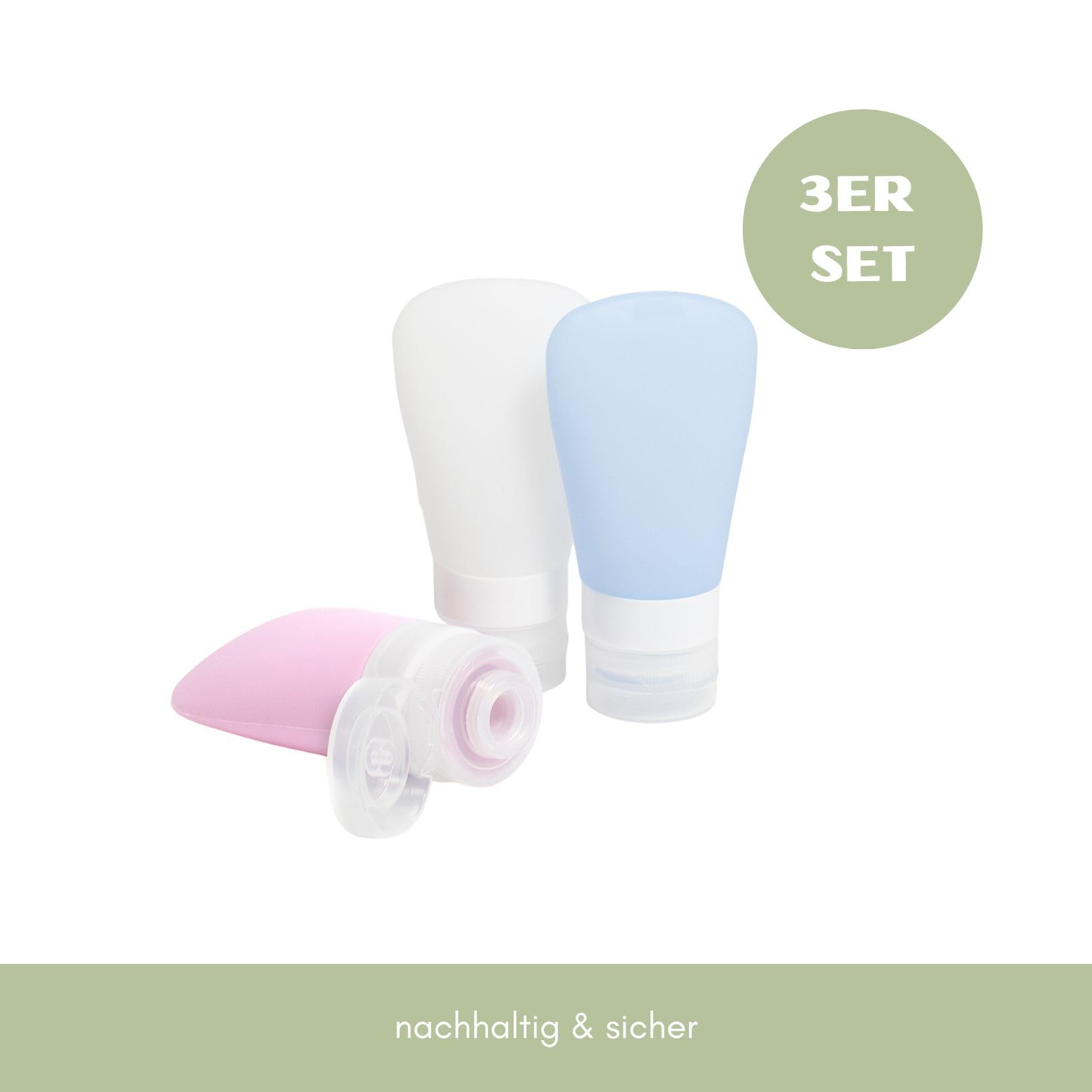 Larelle Silikonowe butelki podróżne, zestaw 3 sztuk, 3 x 60 ml, silikon bez BPA, pojemniki na płyny, szczelne, pojemnik podróżny, z przezroczystą torbą, jasnoniebieski, różowy, biały